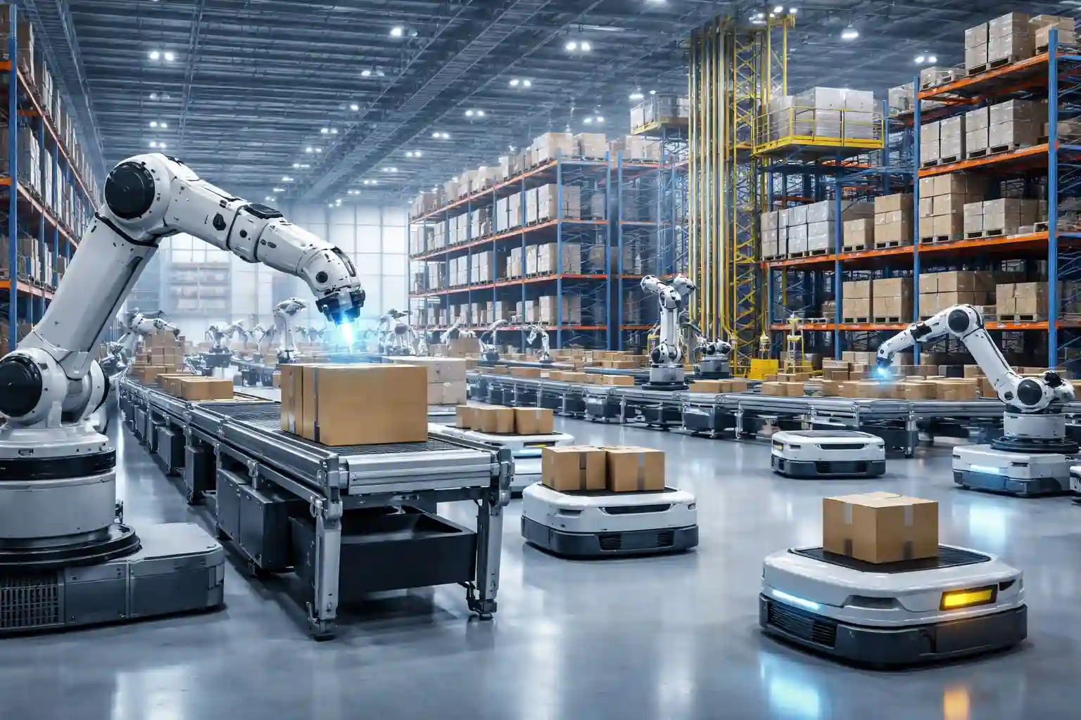 ระบบคลังสินค้าอัตโนมัติในคลังสินค้าสมัยใหม่ที่ใช้หุ่นยนต์และเทคโนโลยีช่วยจัดเก็บสินค้า